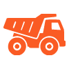 orange dump truck icon with nine wheels for construction