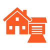 orange house icon with garage representing home design in three styles